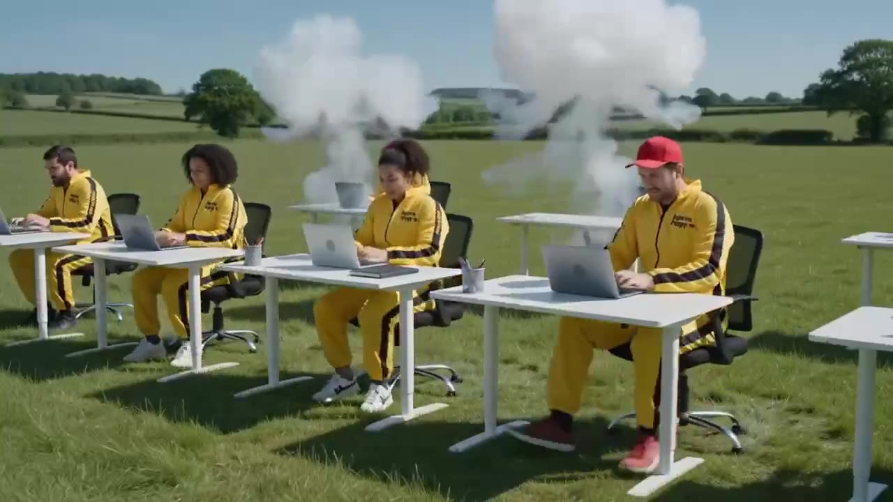A crew of workers at desks, appearing one by one in an open field.
