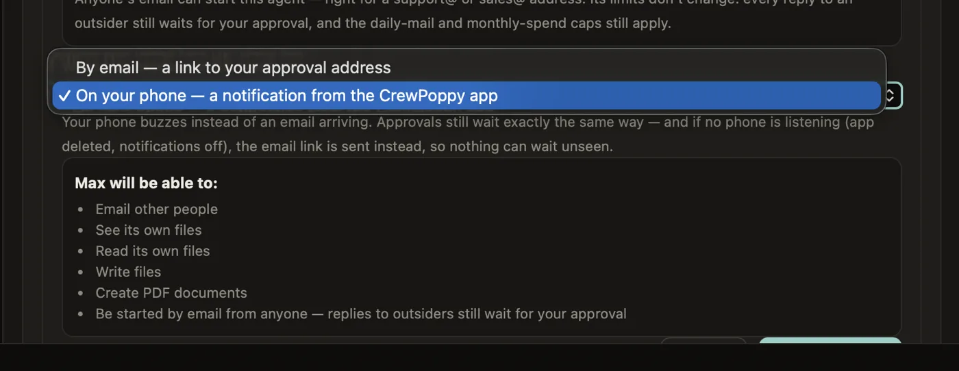 Choosing how an agent reaches its owner — by email with a link, or as a notification on the phone — beside the list of what that agent is allowed to do.