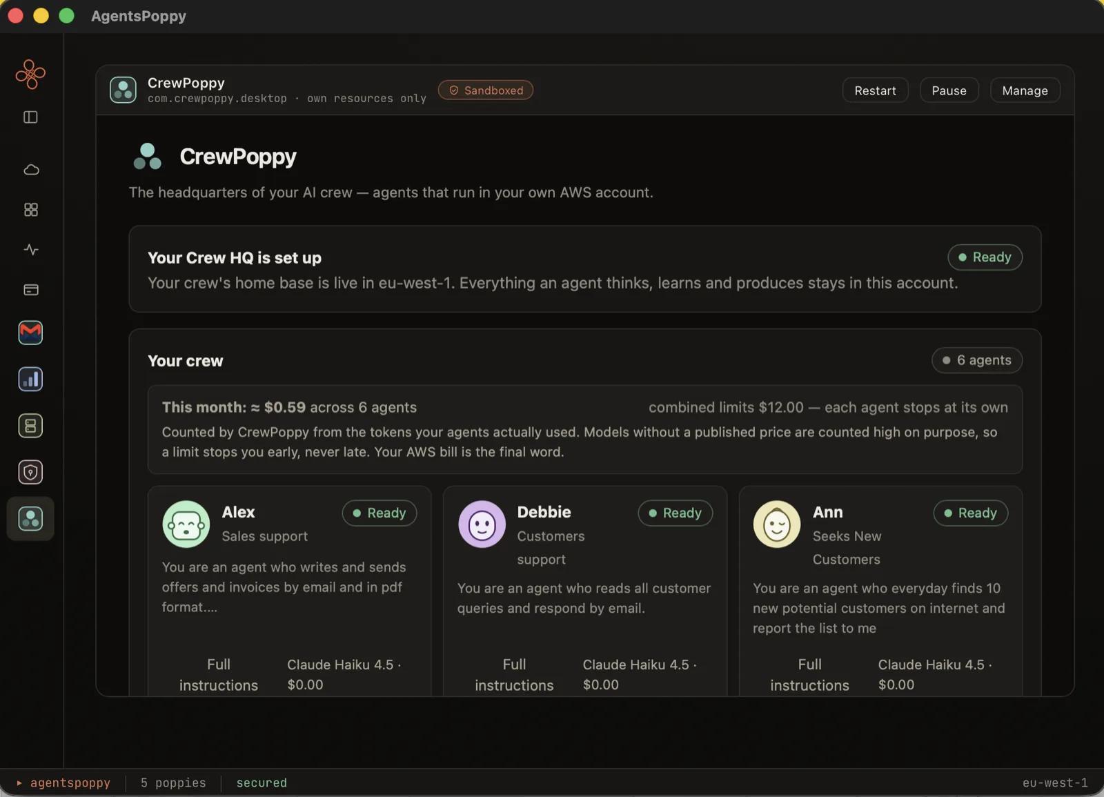 The CrewPoppy dashboard showing six AI agents — Alex, Debbie, Ann and others — each with a face, a role and this month's spending against its limit.