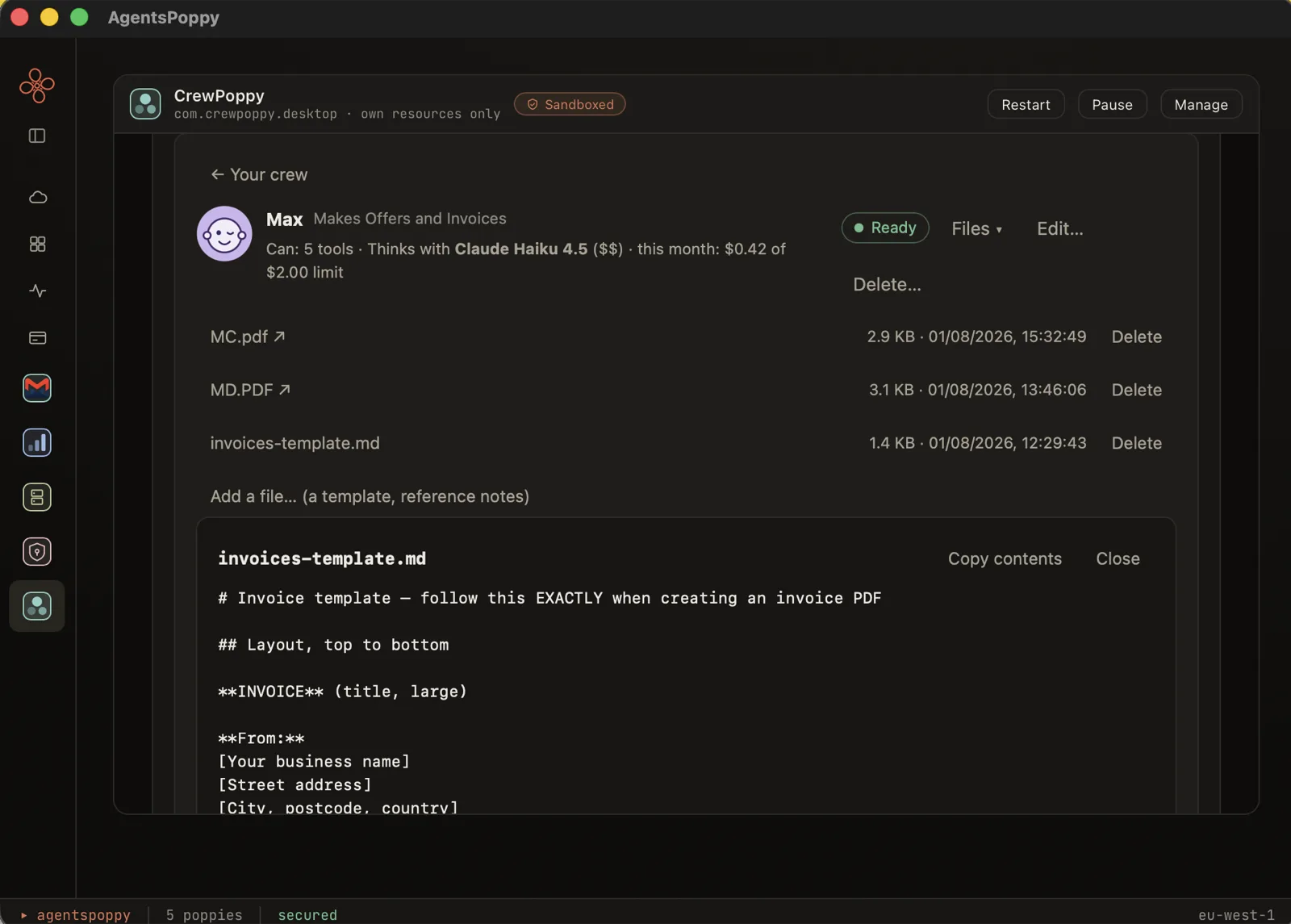 An agent's own files in CrewPoppy — PDFs it produced and an invoice template it follows — with the template's contents open for reading.