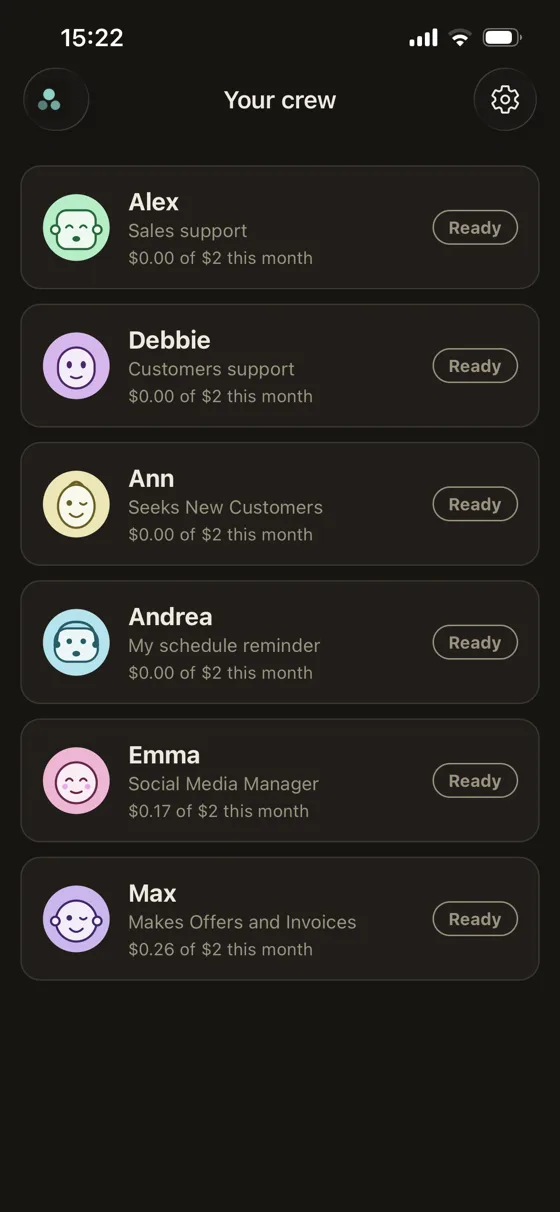 The CrewPoppy phone app listing your AI agents, each with its face, role and spend so far this month.