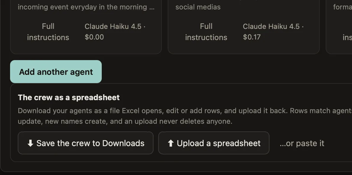 CrewPoppy's spreadsheet panel — save the crew to Downloads, upload a spreadsheet, or paste rows straight from Excel.